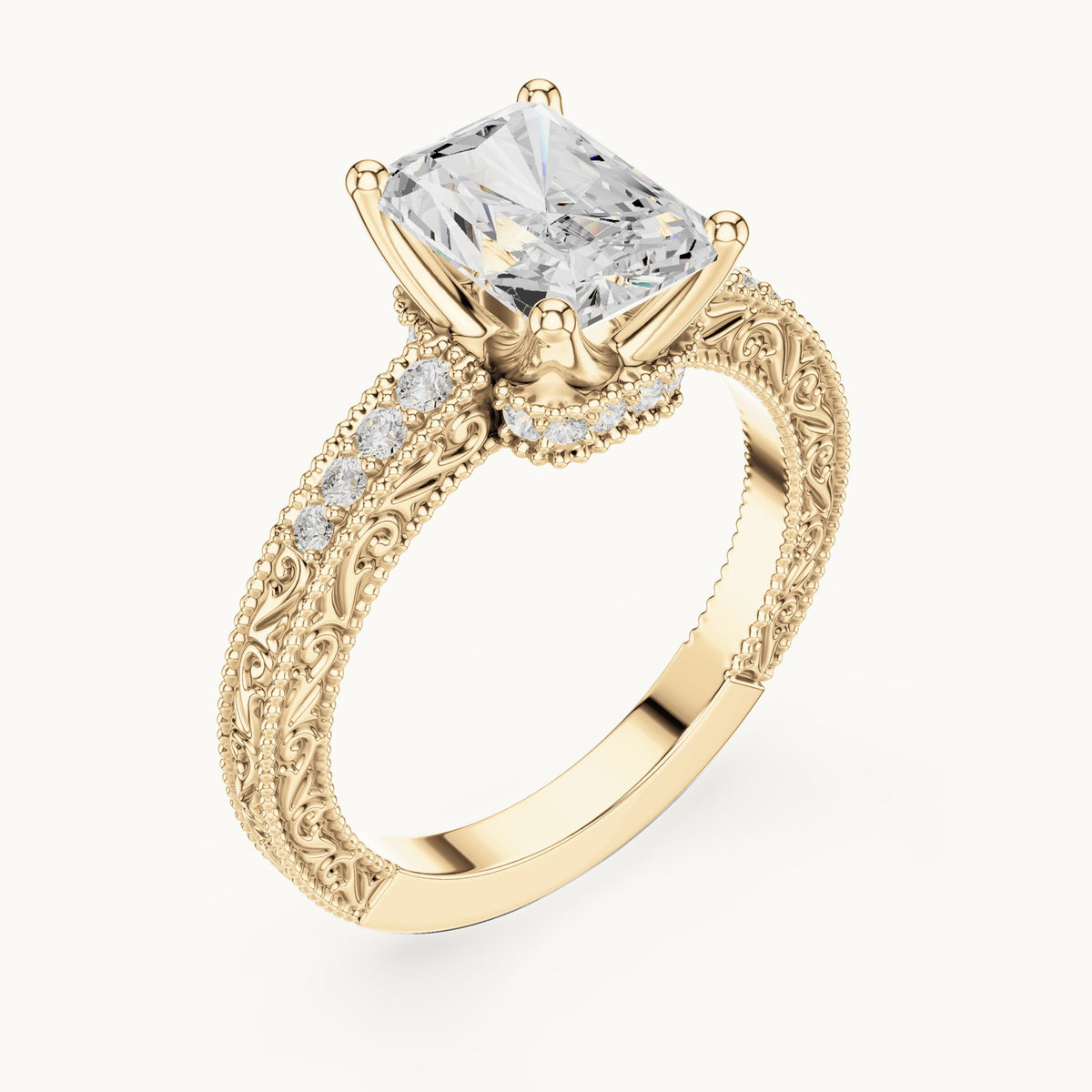 Radiant-cut lab-grown diamond vintage engraved pavé engagement ring in yellow gold, 2.21 CT TW, view 2
