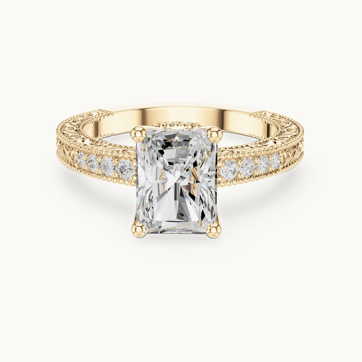 Radiant-cut lab-grown diamond vintage engraved pavé engagement ring in yellow gold, 2.21 CT TW, view 4
