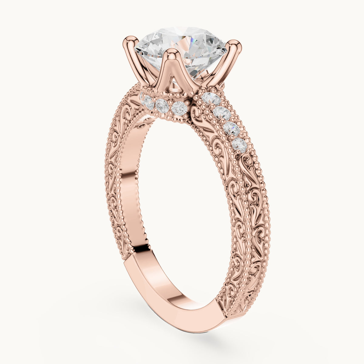Round lab-grown diamond vintage engraved pavé engagement ring in rose gold, 2.21 CT TW, view 1
