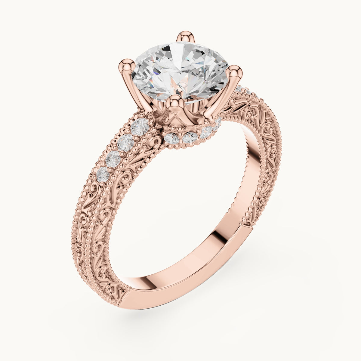 Round lab-grown diamond vintage engraved pavé engagement ring in rose gold, 2.21 CT TW, view 2