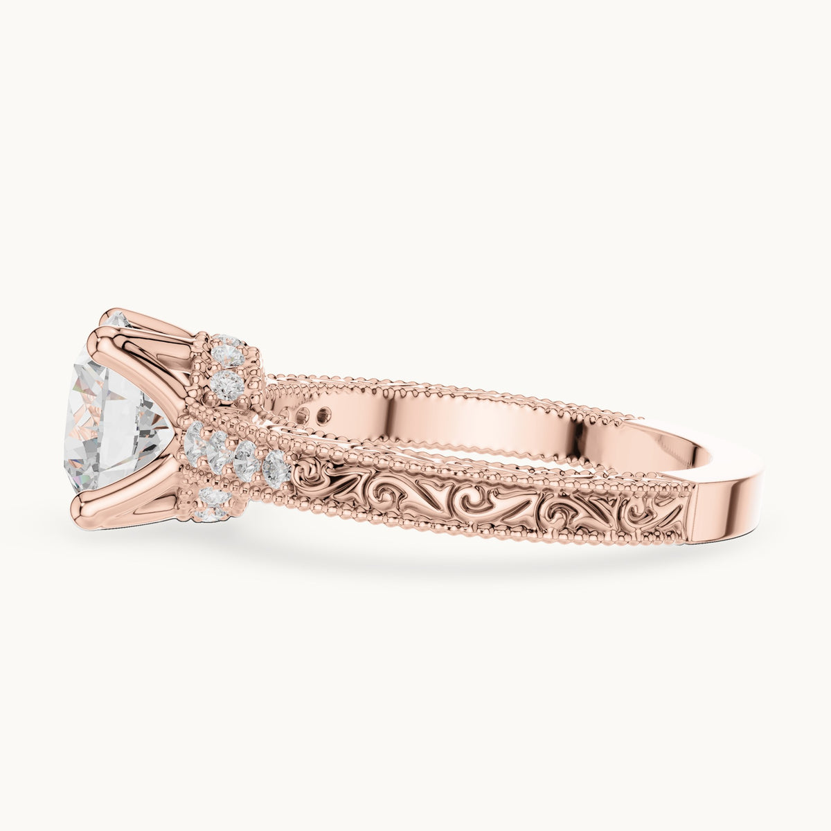 Round lab-grown diamond vintage engraved pavé engagement ring in rose gold, 2.21 CT TW, view 3