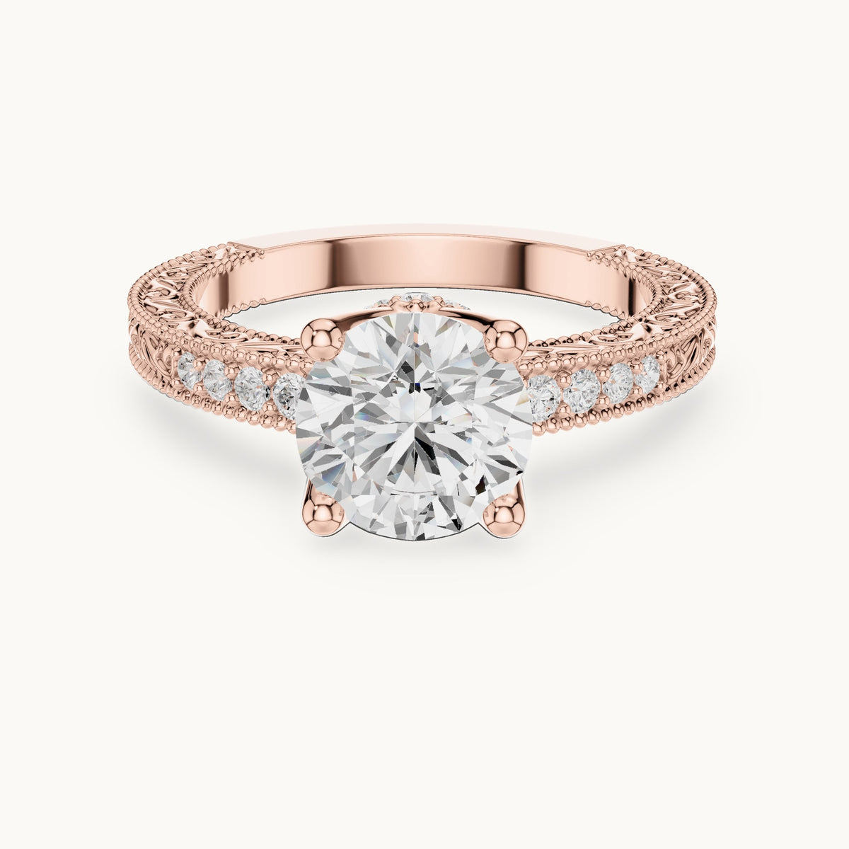 Round lab-grown diamond vintage engraved pavé engagement ring in rose gold, 2.21 CT TW, view 4