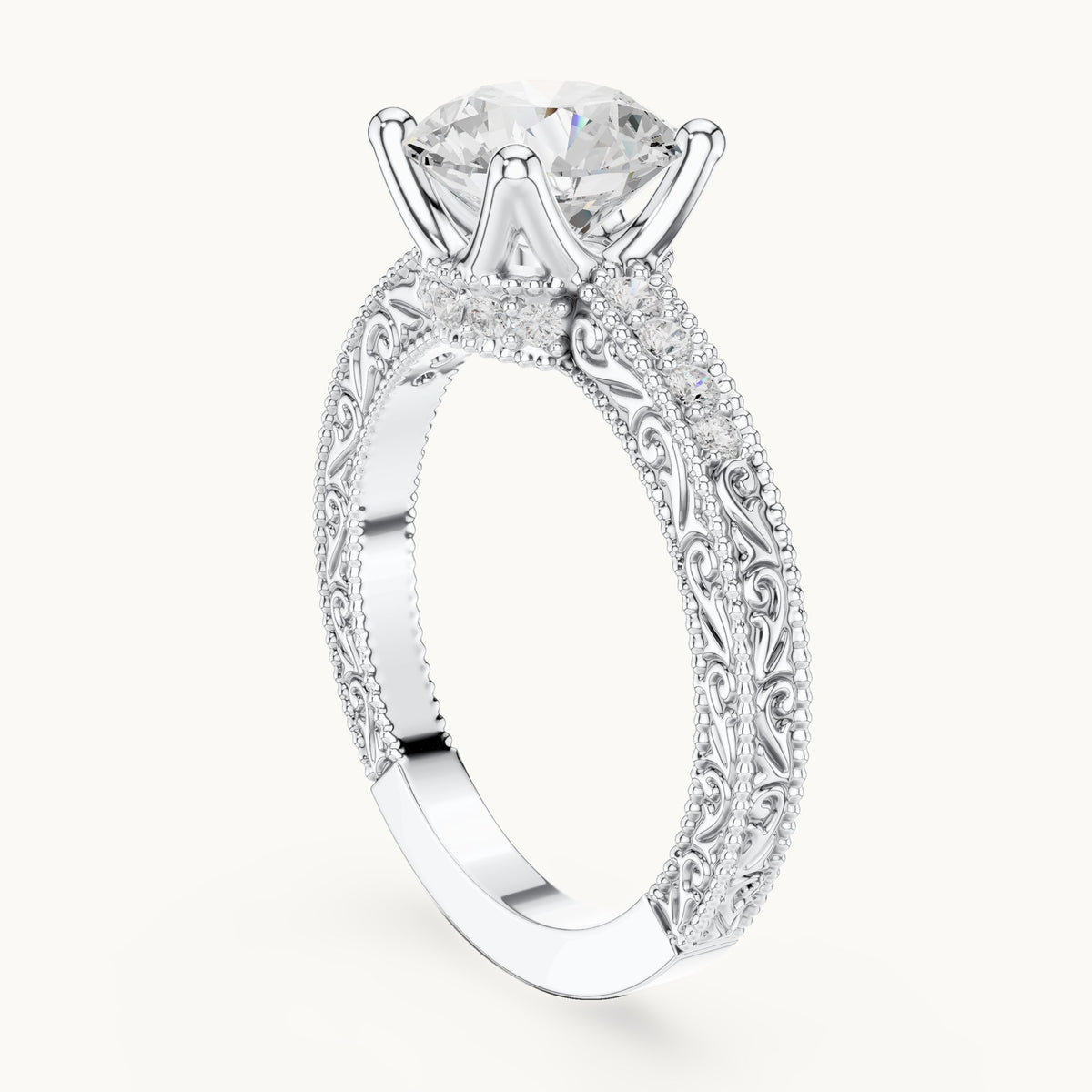 Round lab-grown diamond vintage engraved pavé engagement ring in white gold, 2.21 CT TW, view 1