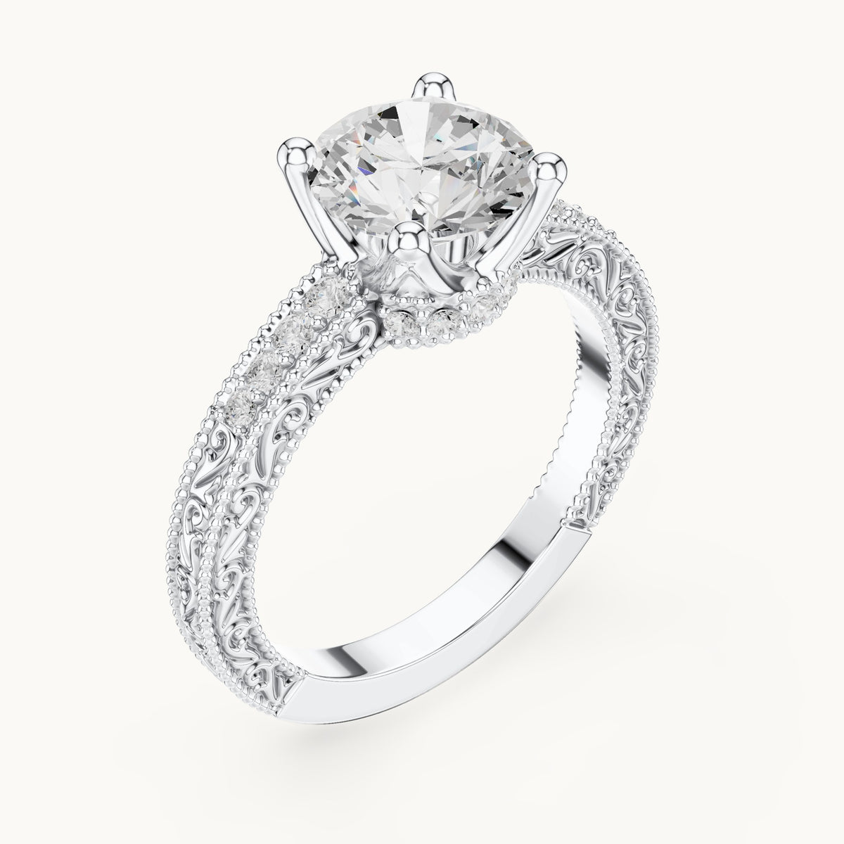 Round lab-grown diamond vintage engraved pavé engagement ring in white gold, 2.21 CT TW, view 2