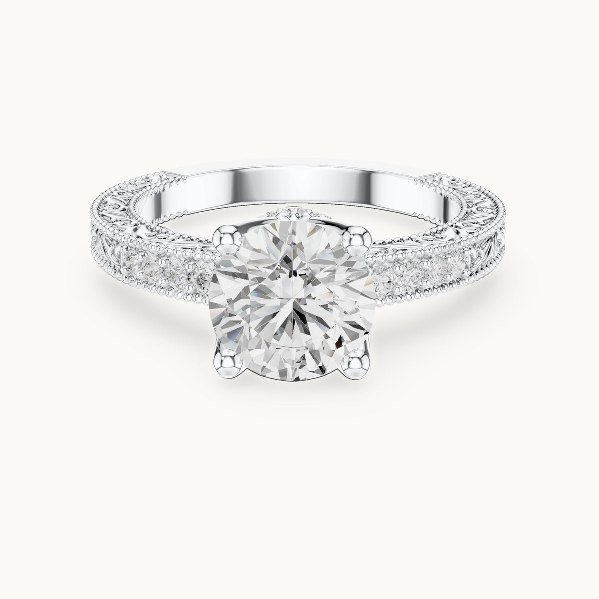 Round lab-grown diamond vintage engraved pavé engagement ring in white gold, 2.21 CT TW, view 4