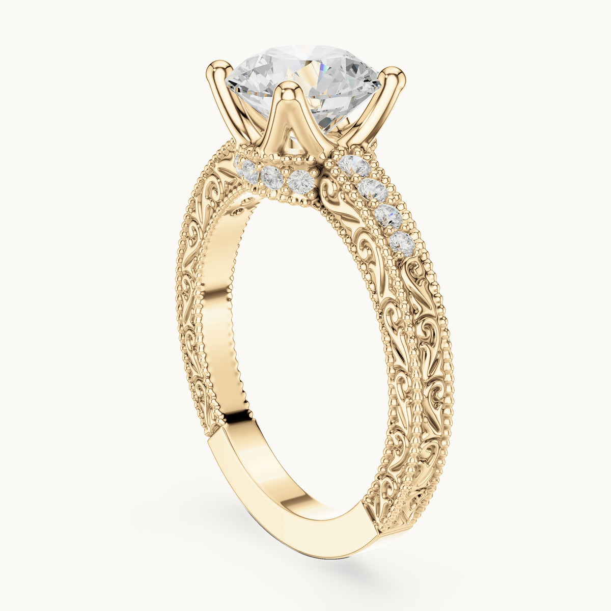 Round lab-grown diamond vintage engraved pavé engagement ring in yellow gold, 2.21 CT TW, view 1