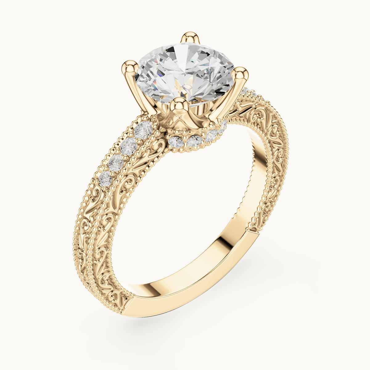 Round lab-grown diamond vintage engraved pavé engagement ring in yellow gold, 2.21 CT TW, view 2