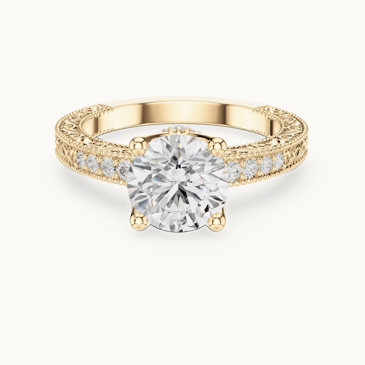 Round lab-grown diamond vintage engraved pavé engagement ring in yellow gold, 2.21 CT TW, view 4
