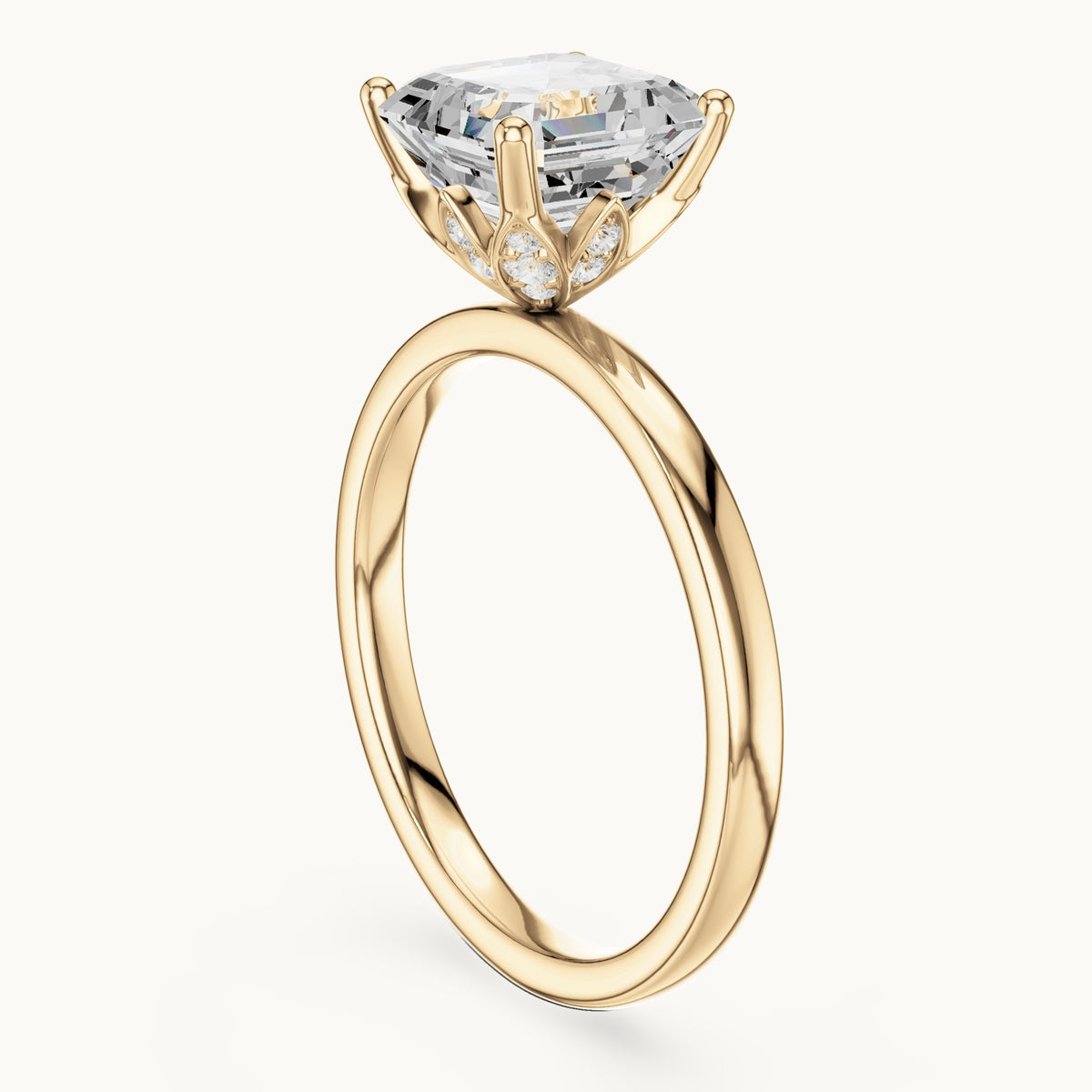 Asscher-cut lab-grown diamond hidden-accent solitaire engagement ring in yellow gold, 2.13 CT TW, view 1