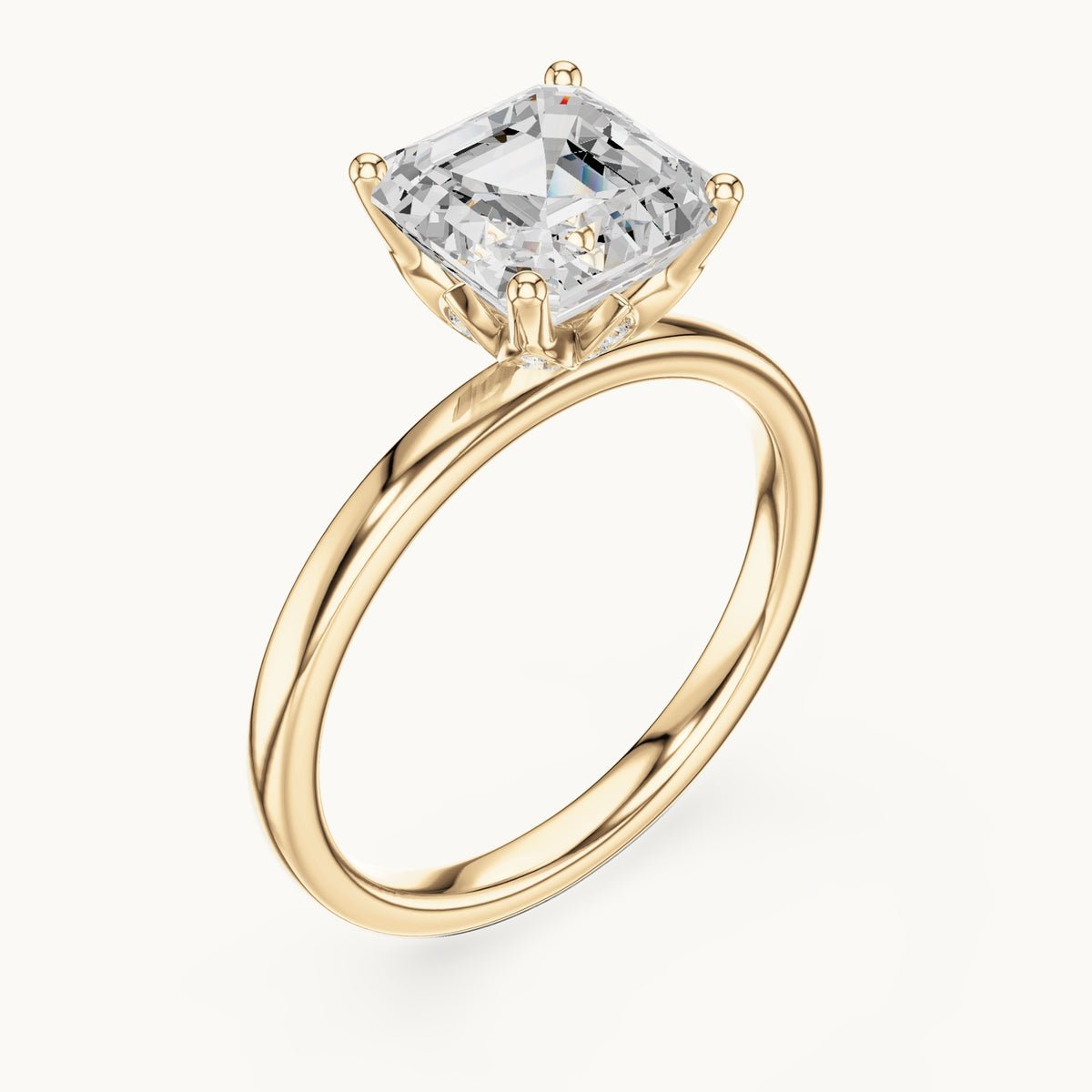 Asscher-cut lab-grown diamond hidden-accent solitaire engagement ring in yellow gold, 2.13 CT TW, view 2