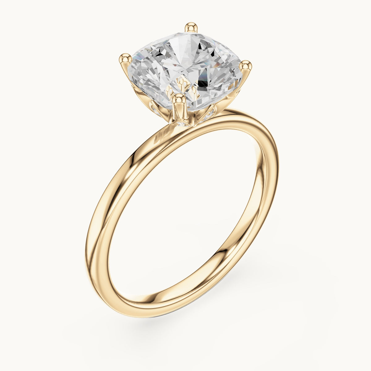 Cushion-cut lab-grown diamond hidden-accent solitaire engagement ring in yellow gold, 2.13 CT TW, view 2