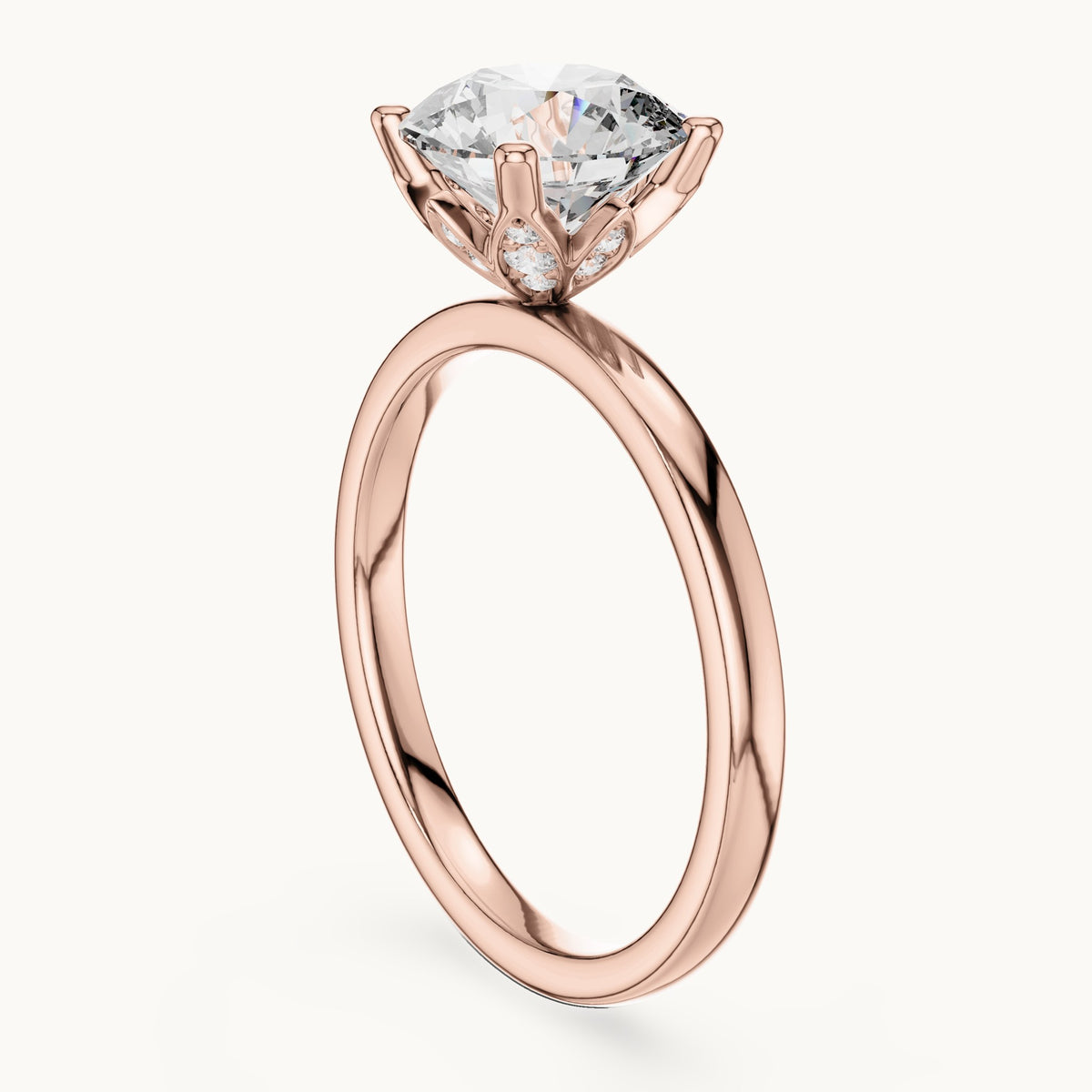 Round lab-grown diamond hidden-accent solitaire engagement ring in rose gold, 2.144 CT TW, view 1