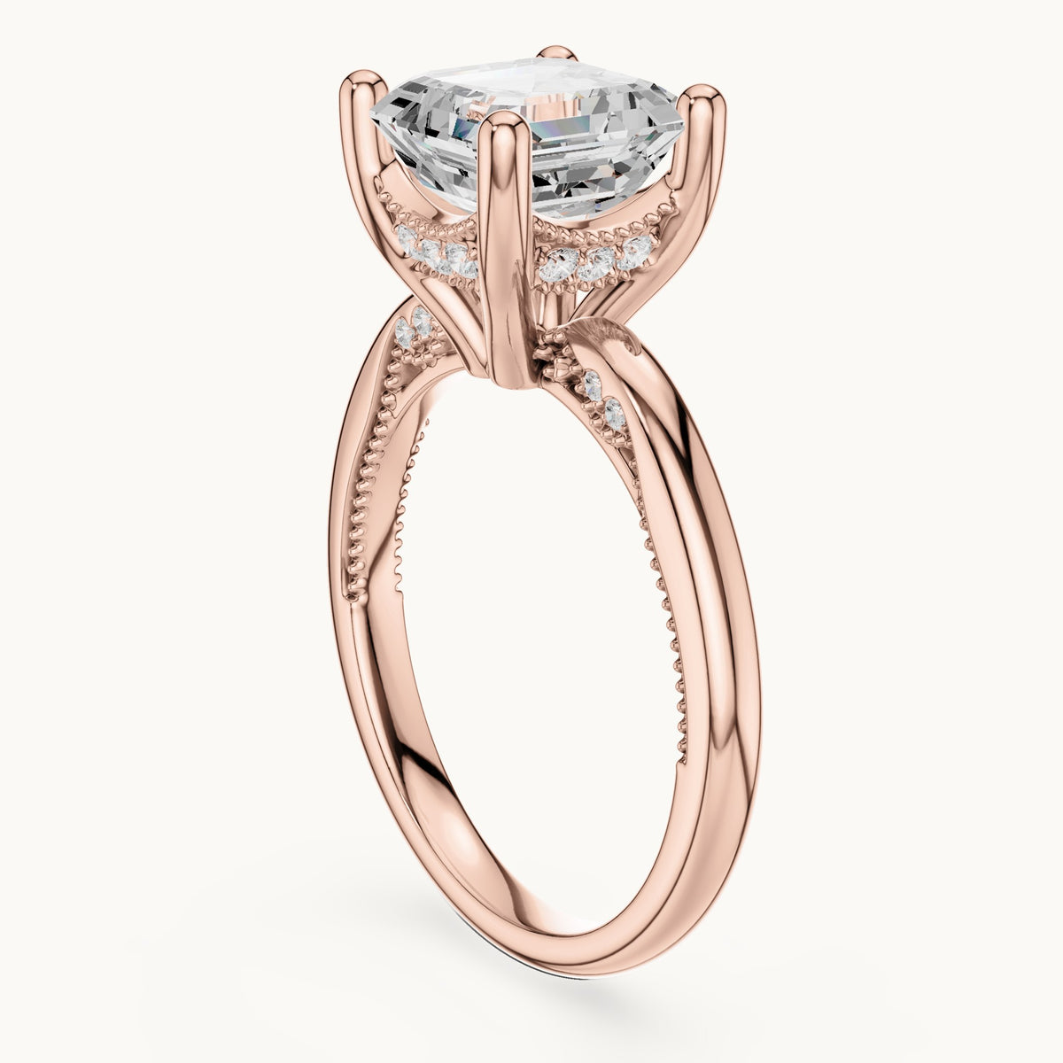 Asscher-cut lab-grown diamond milgrain hidden halo solitaire engagement ring in rose gold, 2.63 CT TW, view 1