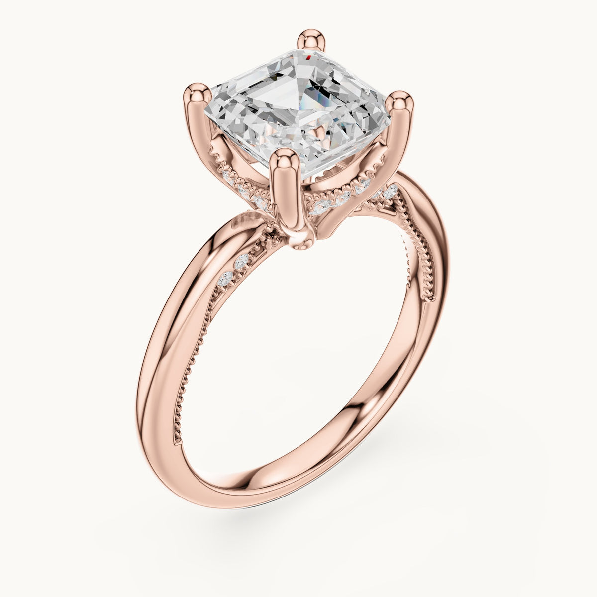 Asscher-cut lab-grown diamond milgrain hidden halo solitaire engagement ring in rose gold, 2.63 CT TW, view 2