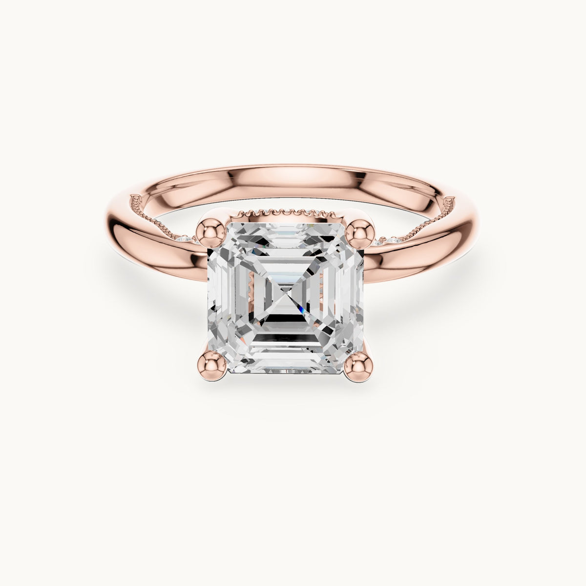 Asscher-cut lab-grown diamond milgrain hidden halo solitaire engagement ring in rose gold, 2.63 CT TW, view 4