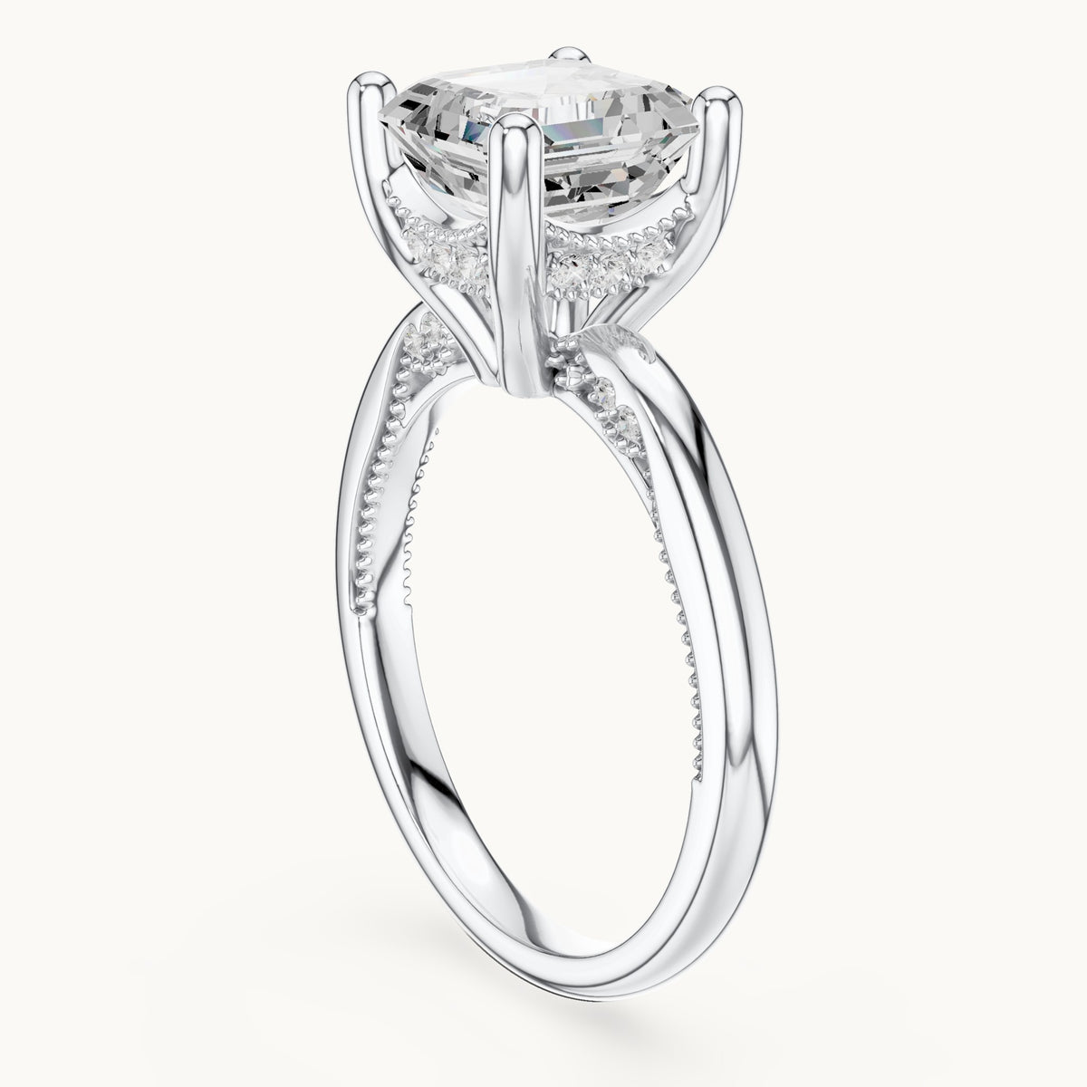 Asscher-cut lab-grown diamond milgrain hidden halo solitaire engagement ring in white gold, 2.63 CT TW, view 1