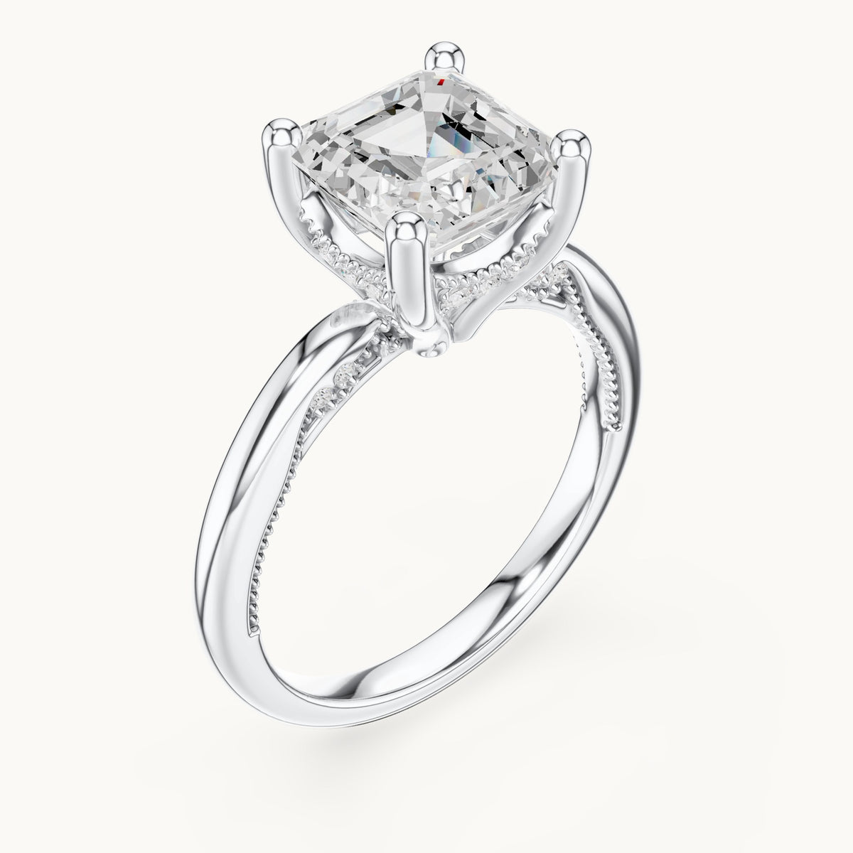 Asscher-cut lab-grown diamond milgrain hidden halo solitaire engagement ring in white gold, 2.63 CT TW, view 2