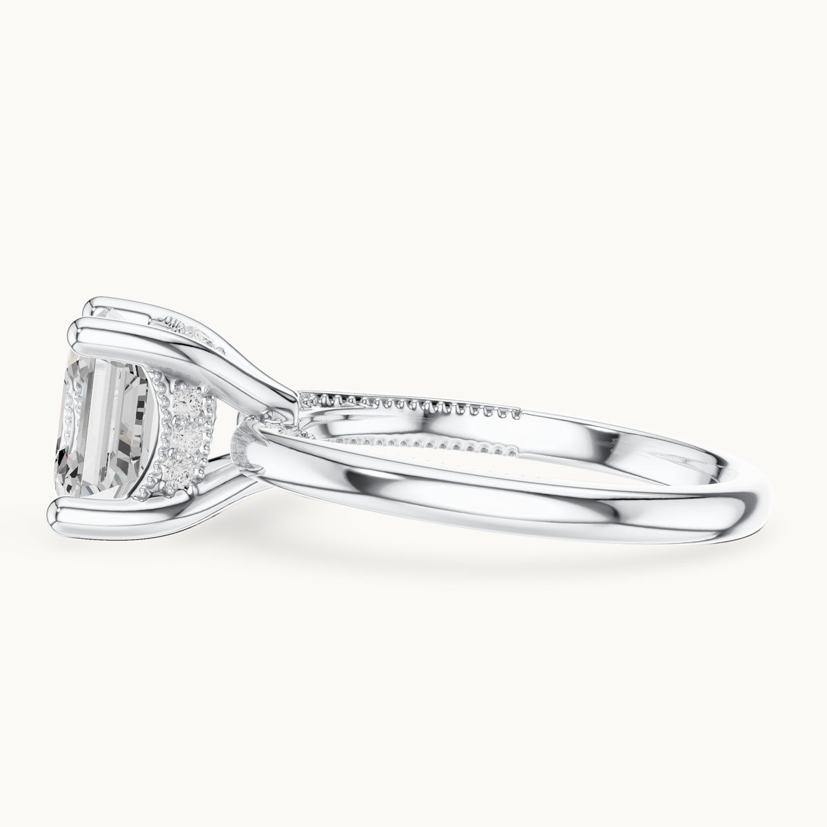 Asscher-cut lab-grown diamond milgrain hidden halo solitaire engagement ring in white gold, 2.63 CT TW, view 3