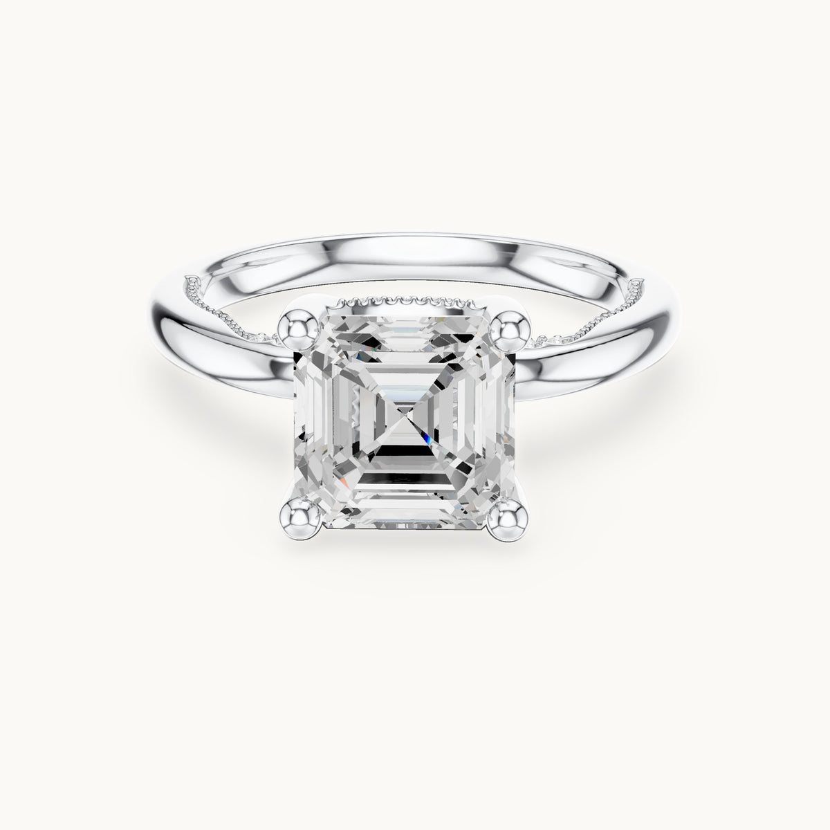 Asscher-cut lab-grown diamond milgrain hidden halo solitaire engagement ring in white gold, 2.63 CT TW, view 4