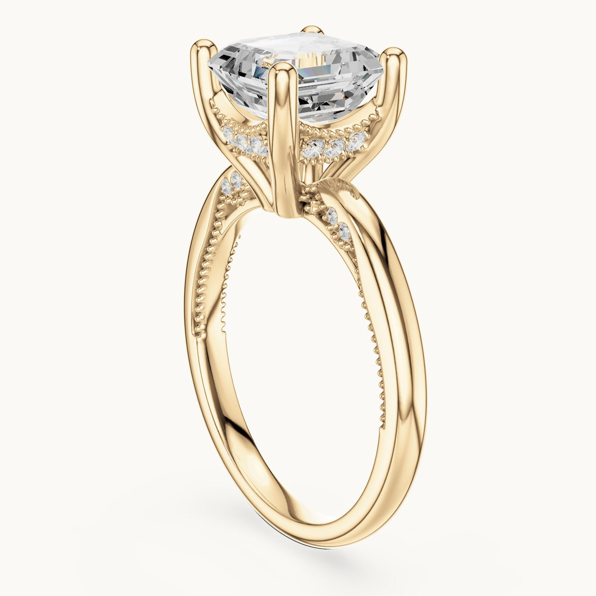 Asscher-cut lab-grown diamond milgrain hidden halo solitaire engagement ring in yellow gold, 2.63 CT TW, view 1