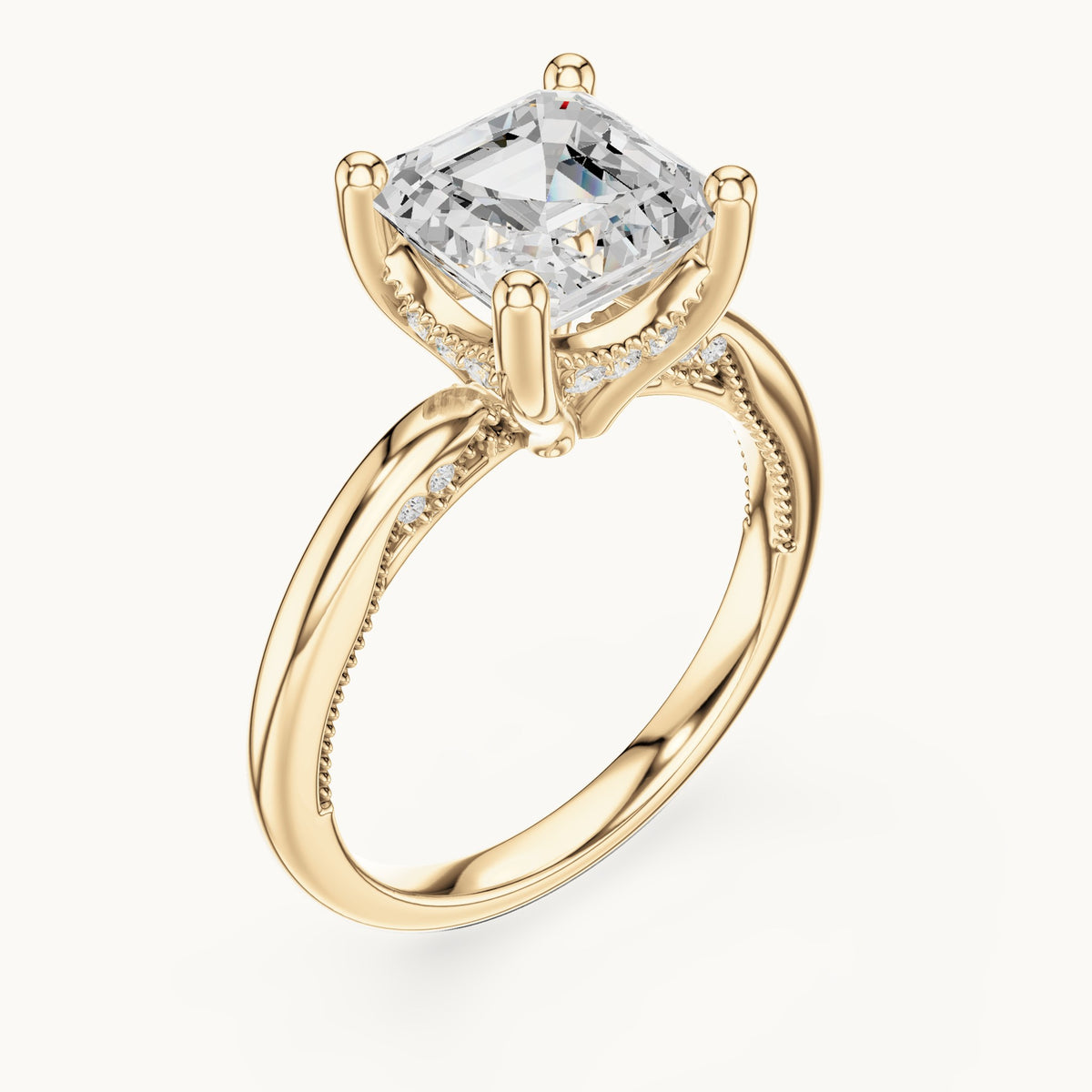 Asscher-cut lab-grown diamond milgrain hidden halo solitaire engagement ring in yellow gold, 2.63 CT TW, view 2