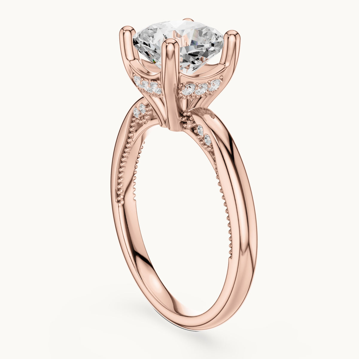 Cushion-cut lab-grown diamond milgrain hidden halo solitaire engagement ring in rose gold, 2.63 CT TW, view 1