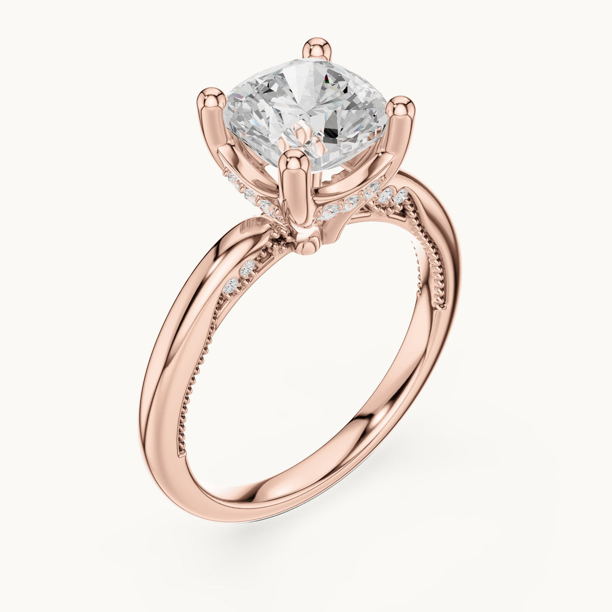 Cushion-cut lab-grown diamond milgrain hidden halo solitaire engagement ring in rose gold, 2.63 CT TW, view 2