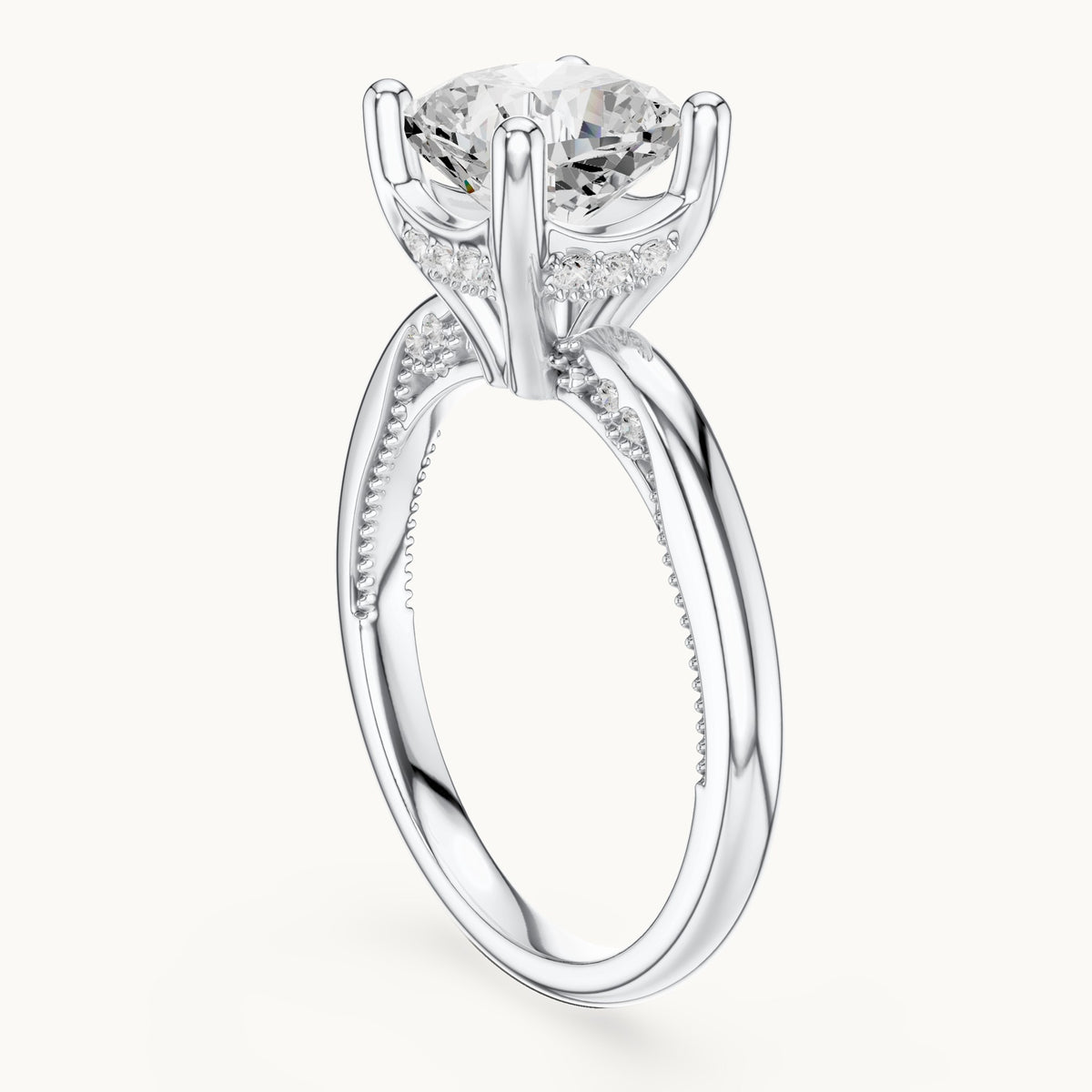 Cushion-cut lab-grown diamond milgrain hidden halo solitaire engagement ring in white gold, 2.63 CT TW, view 1