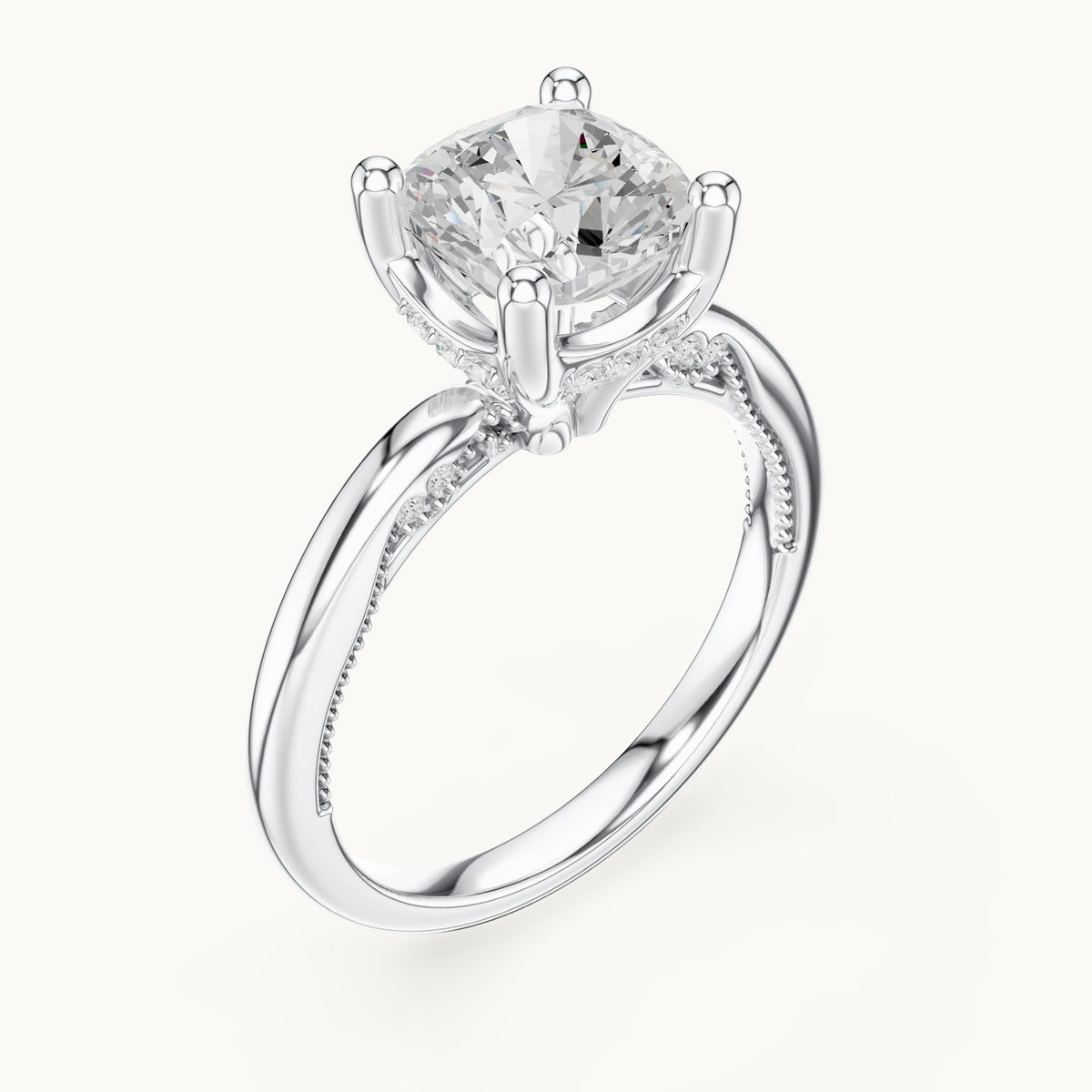 Cushion-cut lab-grown diamond milgrain hidden halo solitaire engagement ring in white gold, 2.63 CT TW, view 2