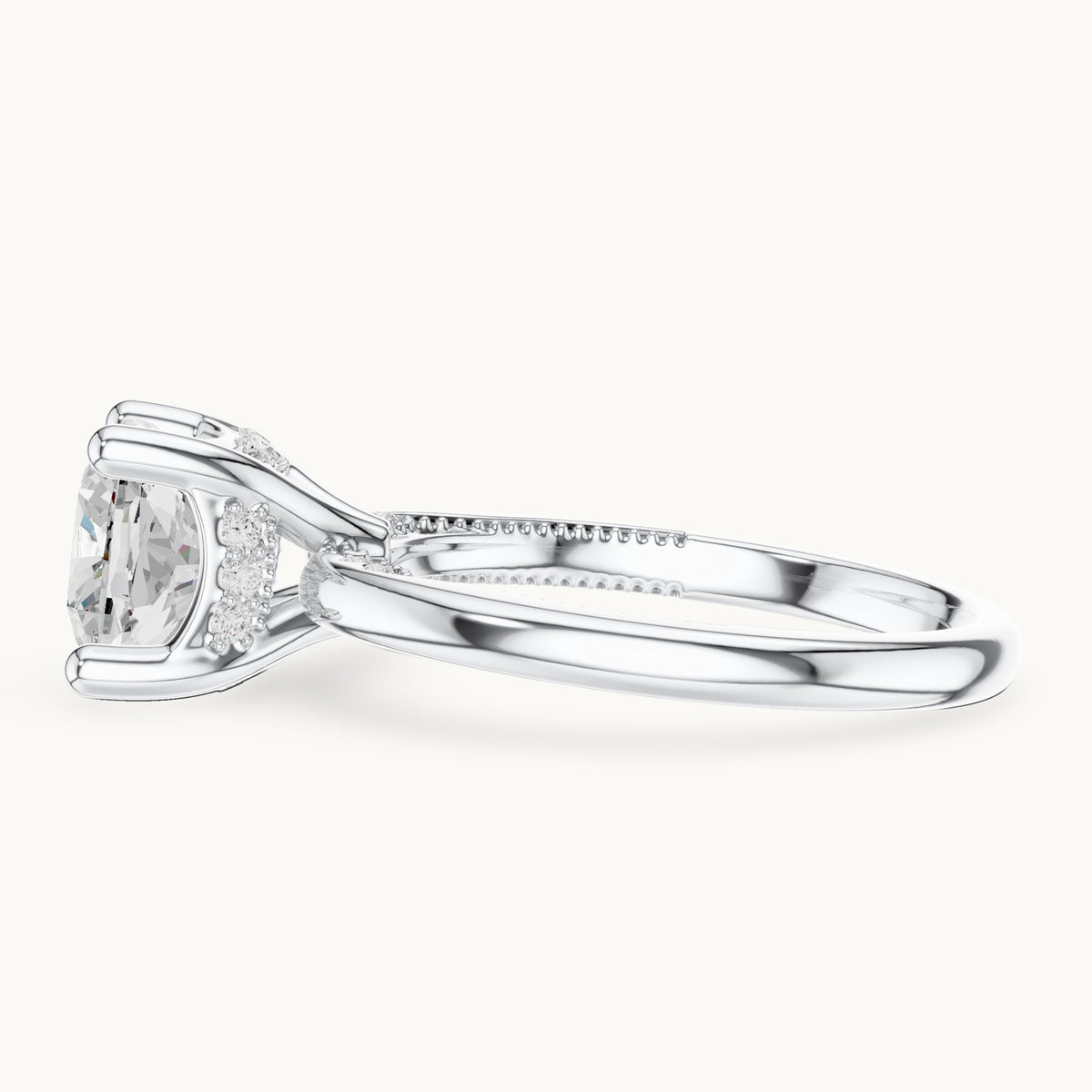 Cushion-cut lab-grown diamond milgrain hidden halo solitaire engagement ring in white gold, 2.63 CT TW, view 3
