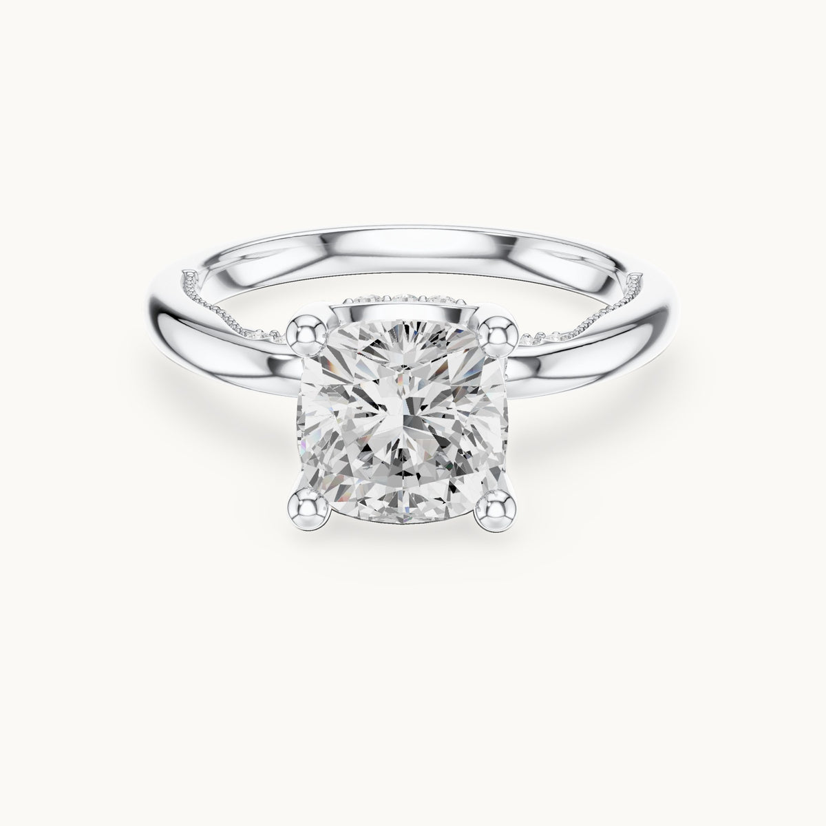 Cushion-cut lab-grown diamond milgrain hidden halo solitaire engagement ring in white gold, 2.63 CT TW, view 4