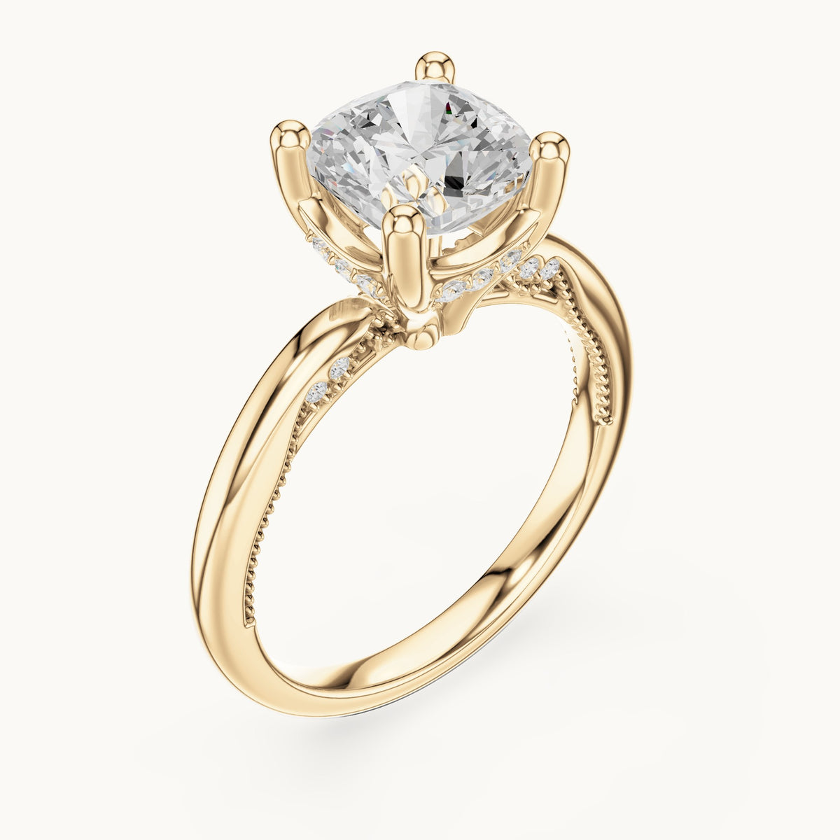 Cushion-cut lab-grown diamond milgrain hidden halo solitaire engagement ring in yellow gold, 2.63 CT TW, view 2