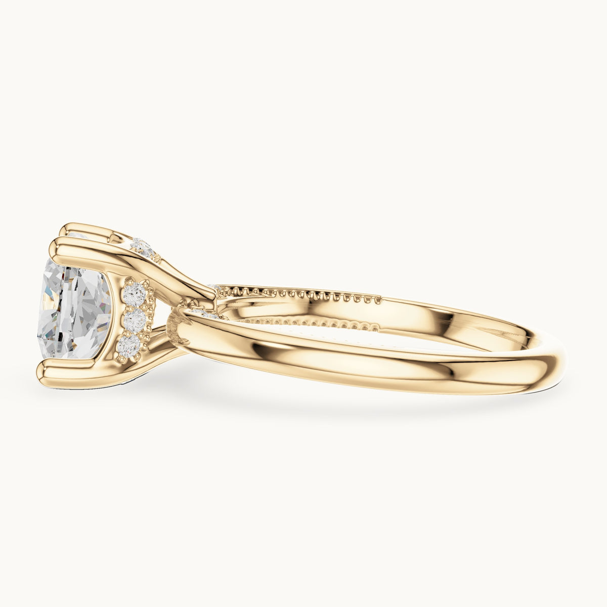 Cushion-cut lab-grown diamond milgrain hidden halo solitaire engagement ring in yellow gold, 2.63 CT TW, view 3