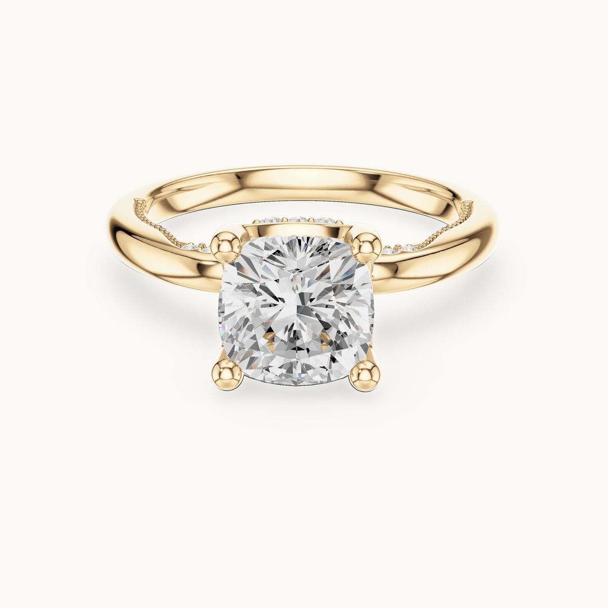 Cushion-cut lab-grown diamond milgrain hidden halo solitaire engagement ring in yellow gold, 2.63 CT TW, view 4