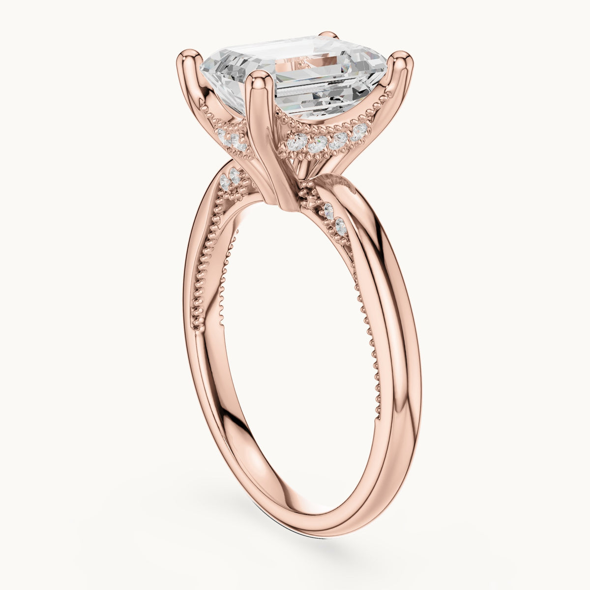 Emerald-cut lab-grown diamond milgrain hidden halo solitaire engagement ring in rose gold, 2.63 CT TW, view 1
