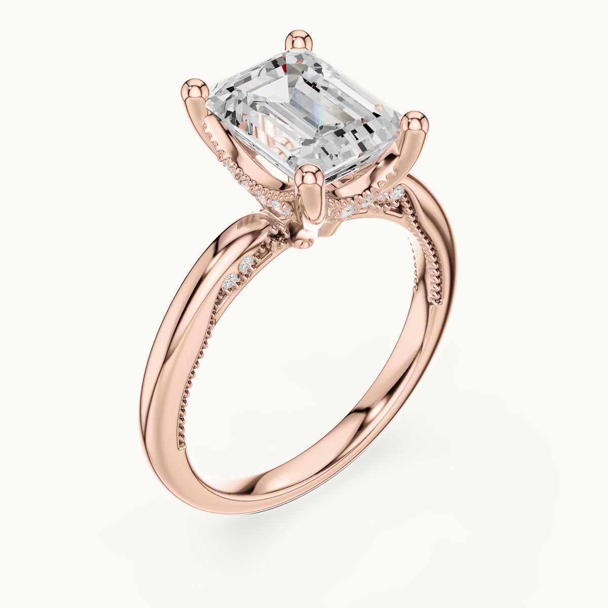 Emerald-cut lab-grown diamond milgrain hidden halo solitaire engagement ring in rose gold, 2.63 CT TW, view 2