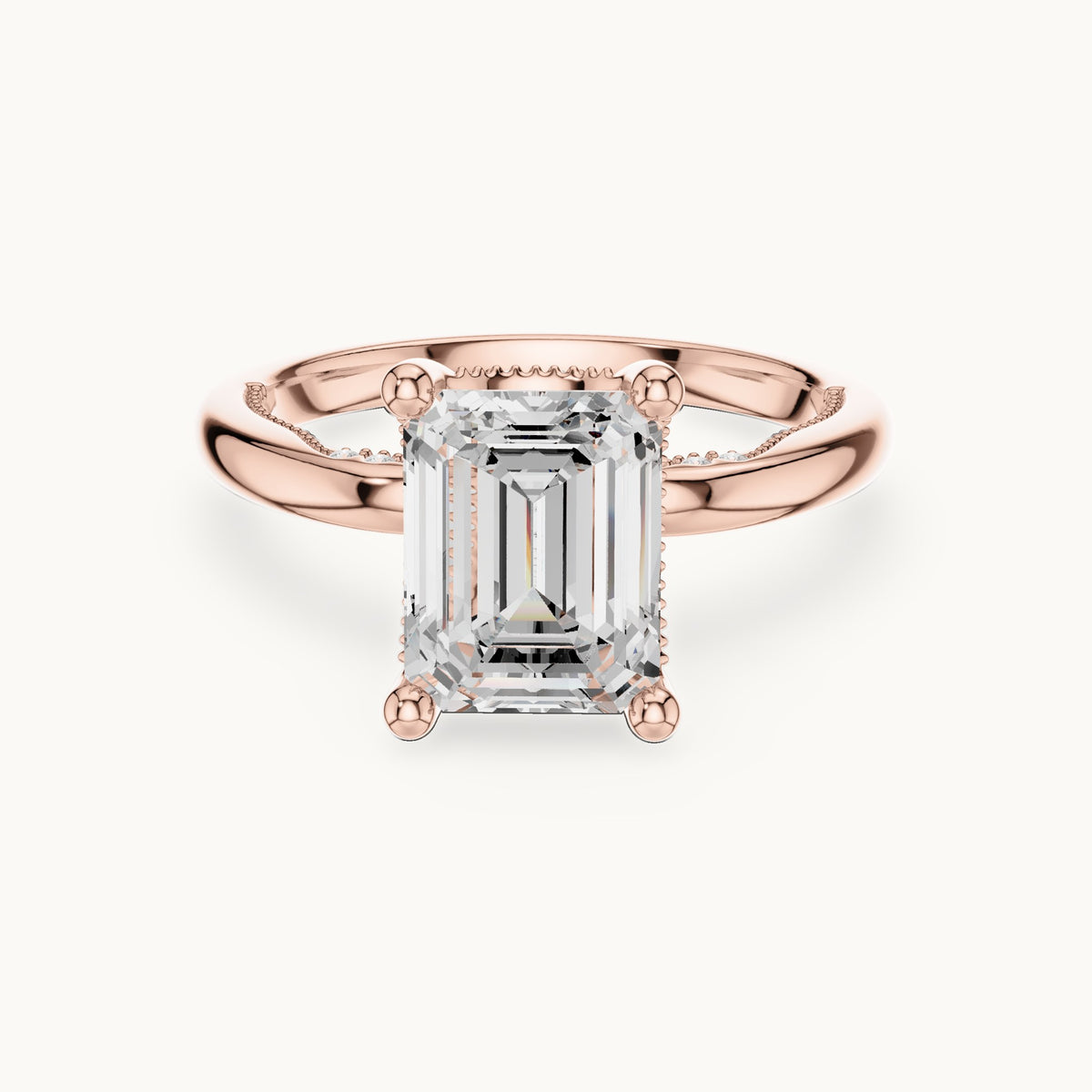 Emerald-cut lab-grown diamond milgrain hidden halo solitaire engagement ring in rose gold, 2.63 CT TW, view 4
