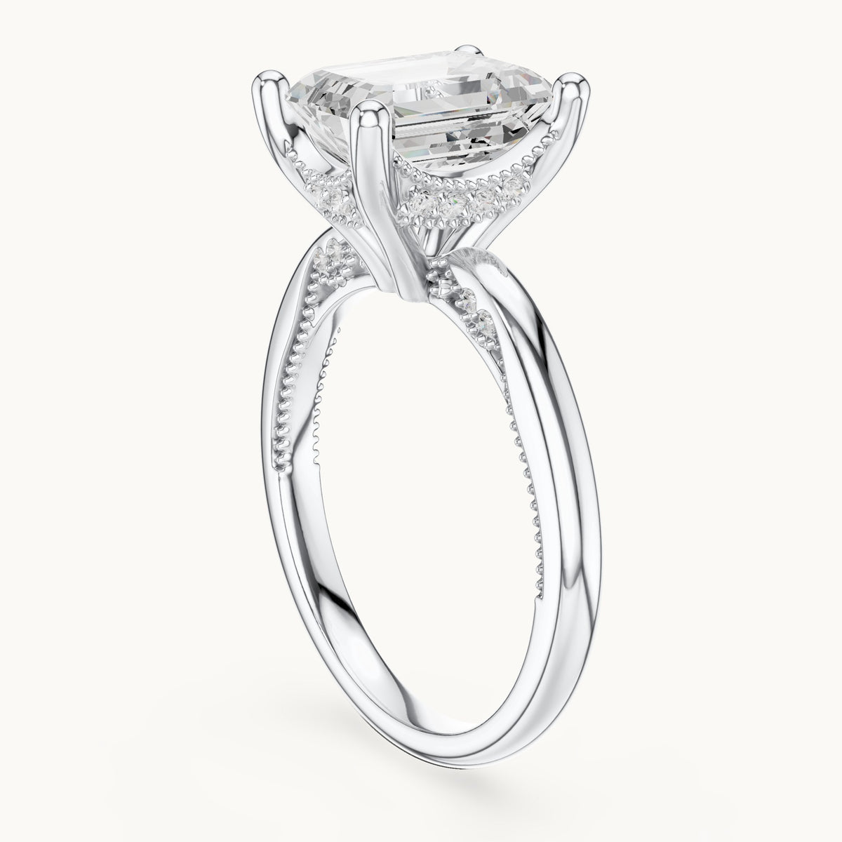 Emerald-cut lab-grown diamond milgrain hidden halo solitaire engagement ring in white gold, 2.63 CT TW, view 1