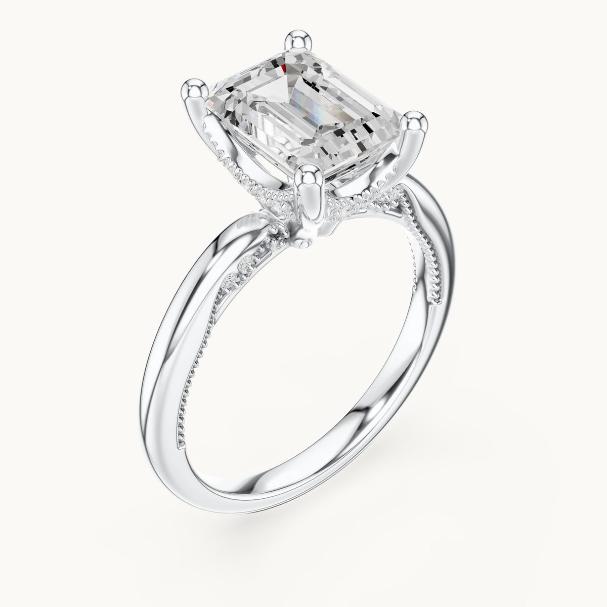 Emerald-cut lab-grown diamond milgrain hidden halo solitaire engagement ring in white gold, 2.63 CT TW, view 2