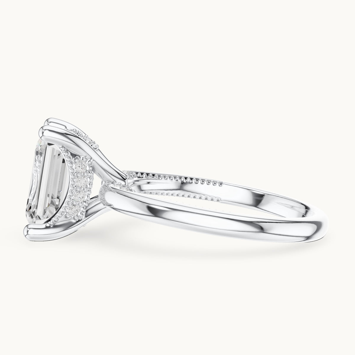 Emerald-cut lab-grown diamond milgrain hidden halo solitaire engagement ring in white gold, 2.63 CT TW, view 3