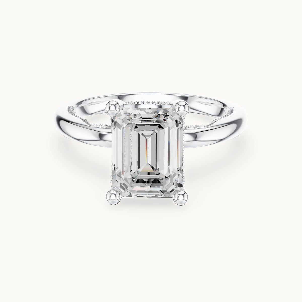 Emerald-cut lab-grown diamond milgrain hidden halo solitaire engagement ring in white gold, 2.63 CT TW, view 4
