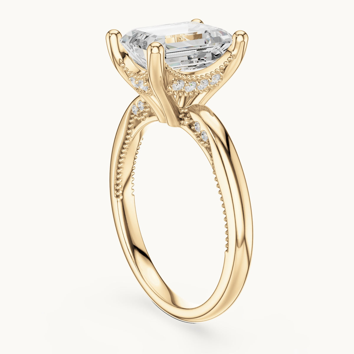Emerald-cut lab-grown diamond milgrain hidden halo solitaire engagement ring in yellow gold, 2.63 CT TW, view 1