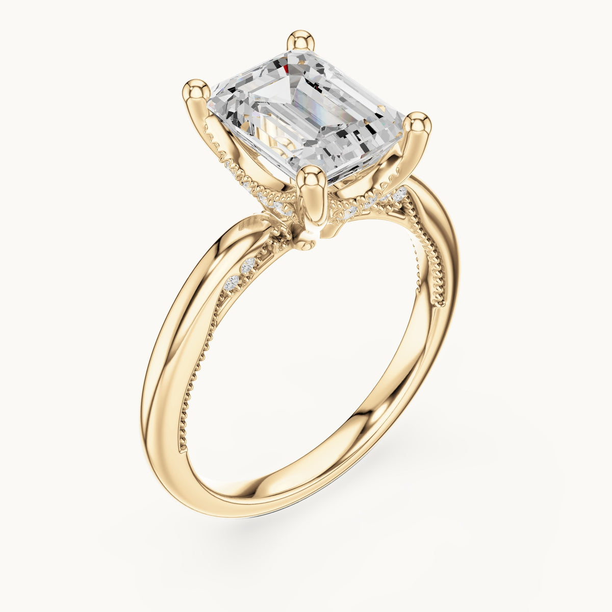 Emerald-cut lab-grown diamond milgrain hidden halo solitaire engagement ring in yellow gold, 2.63 CT TW, view 2