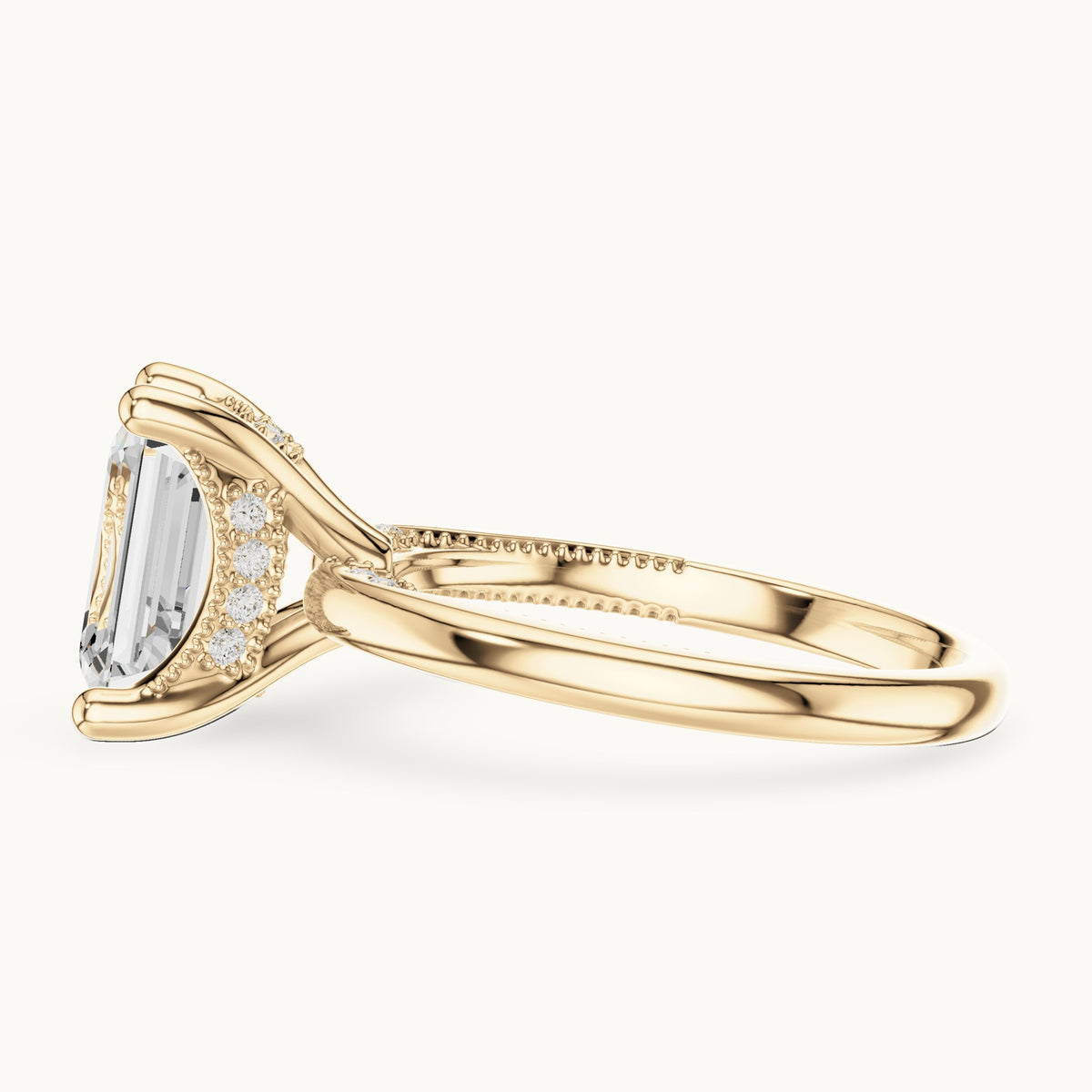 Emerald-cut lab-grown diamond milgrain hidden halo solitaire engagement ring in yellow gold, 2.63 CT TW, view 3