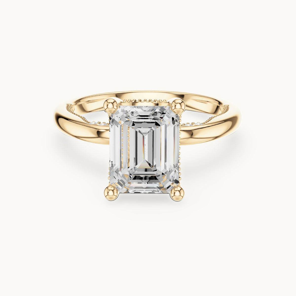 Emerald-cut lab-grown diamond milgrain hidden halo solitaire engagement ring in yellow gold, 2.63 CT TW, view 4