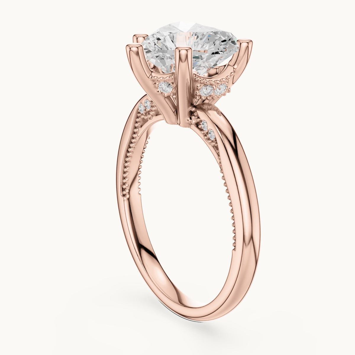 Heart lab-grown diamond milgrain hidden halo solitaire engagement ring in rose gold, 2.59 CT TW, view 1