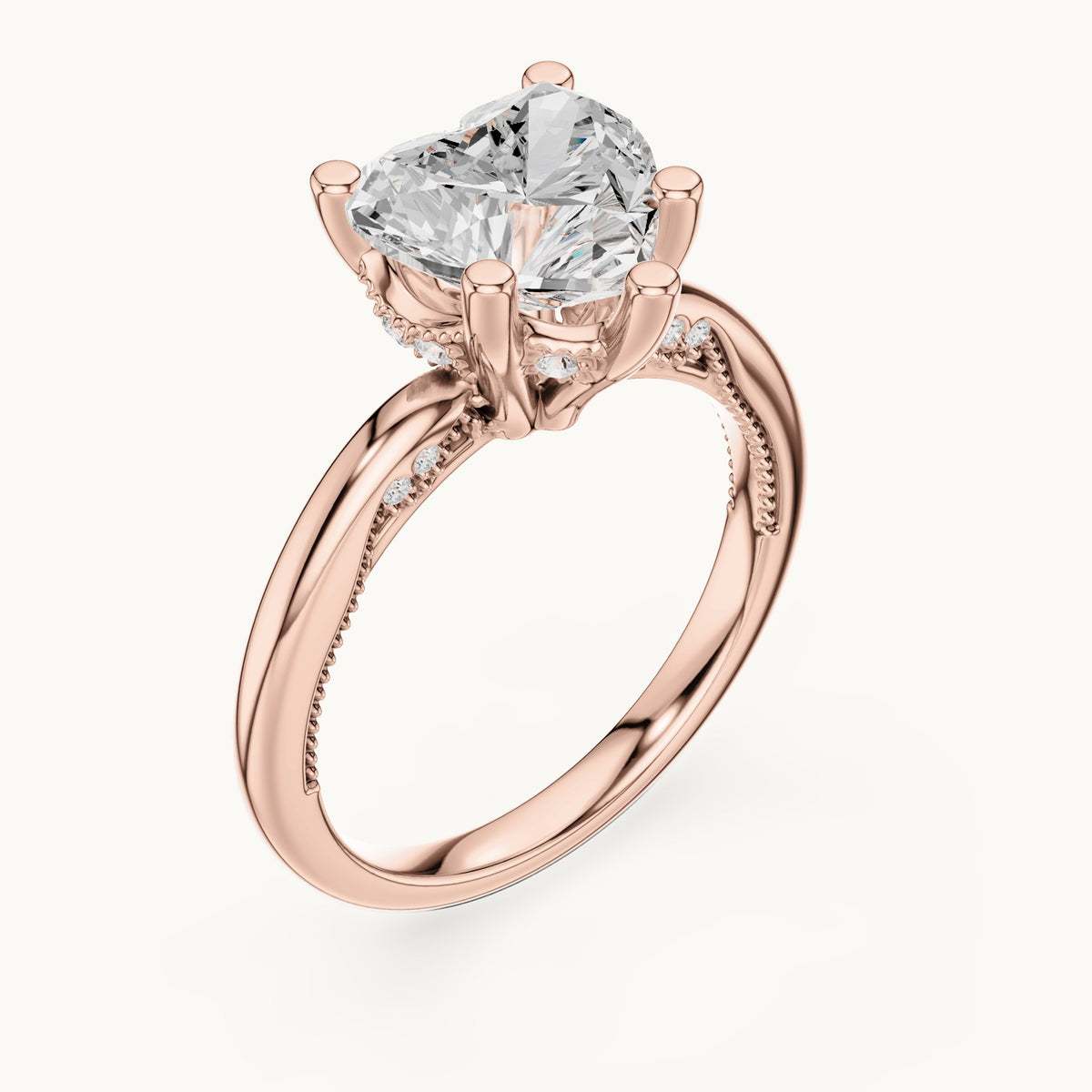 Heart lab-grown diamond milgrain hidden halo solitaire engagement ring in rose gold, 2.59 CT TW, view 2