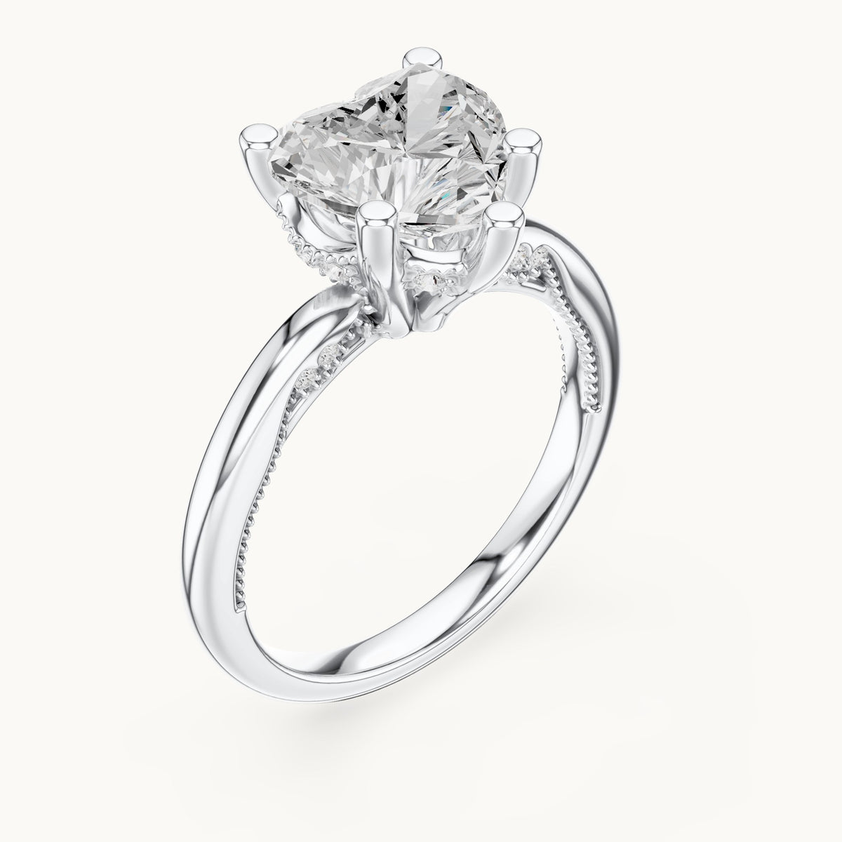 Heart lab-grown diamond milgrain hidden halo solitaire engagement ring in white gold, 2.59 CT TW, view 2