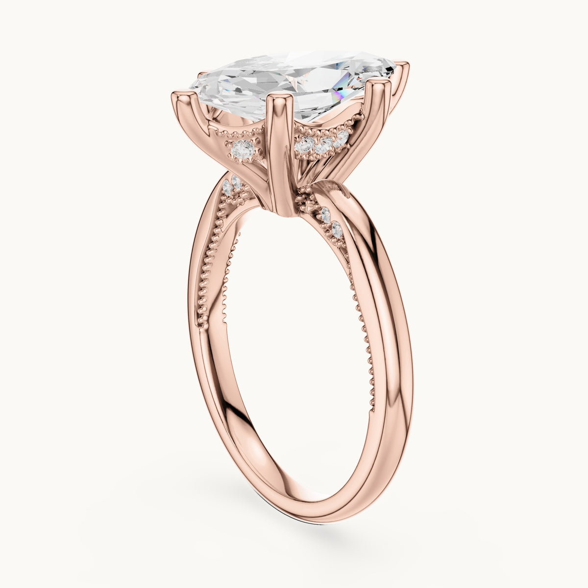 Marquise lab-grown diamond milgrain hidden halo solitaire engagement ring in rose gold, 2.60 CT TW, view 1
