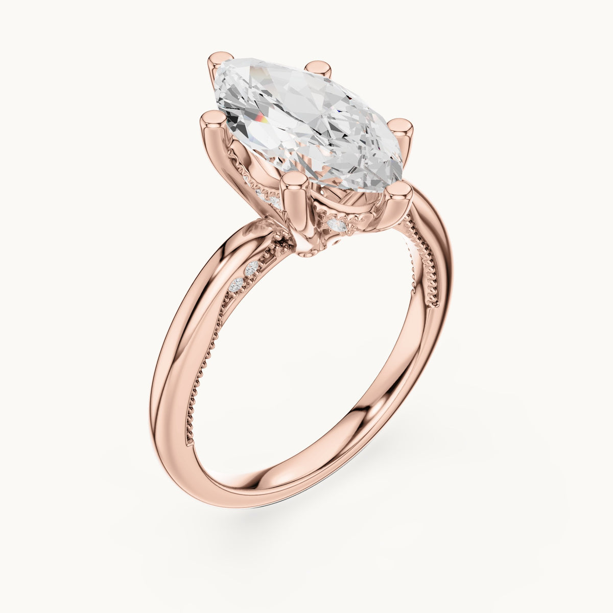 Marquise lab-grown diamond milgrain hidden halo solitaire engagement ring in rose gold, 2.60 CT TW, view 2